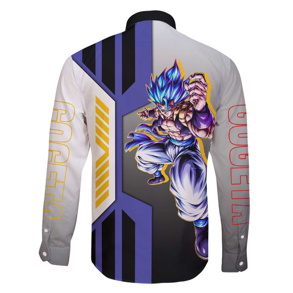 Gogeta from Dragon Ball Family Matching Off The Shoulder Long Sleeve Dress and Hawaiian Shirt with Super Saiyan Blue Form and Action Pose Design - The Mazicc