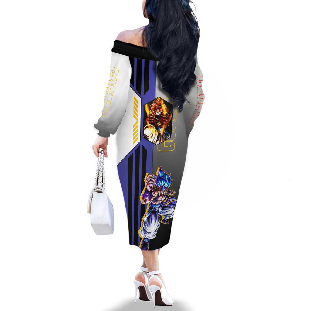 Gogeta from Dragon Ball Family Matching Off The Shoulder Long Sleeve Dress and Hawaiian Shirt with Super Saiyan Blue Form and Action Pose Design - The Mazicc