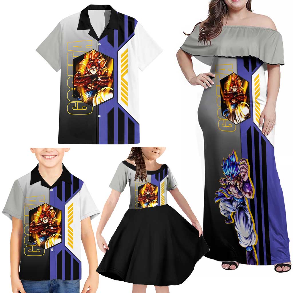 Gogeta from Dragon Ball Family Matching Off Shoulder Maxi Dress and Hawaiian Shirt with Super Saiyan Blue Form and Action Pose Design - The Mazicc