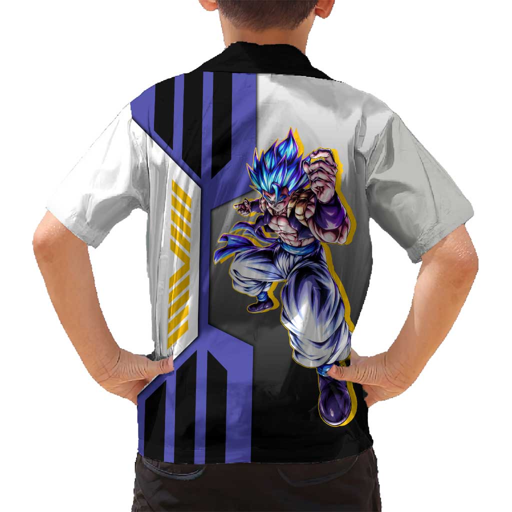 Gogeta from Dragon Ball Family Matching Off Shoulder Maxi Dress and Hawaiian Shirt with Super Saiyan Blue Form and Action Pose Design - The Mazicc