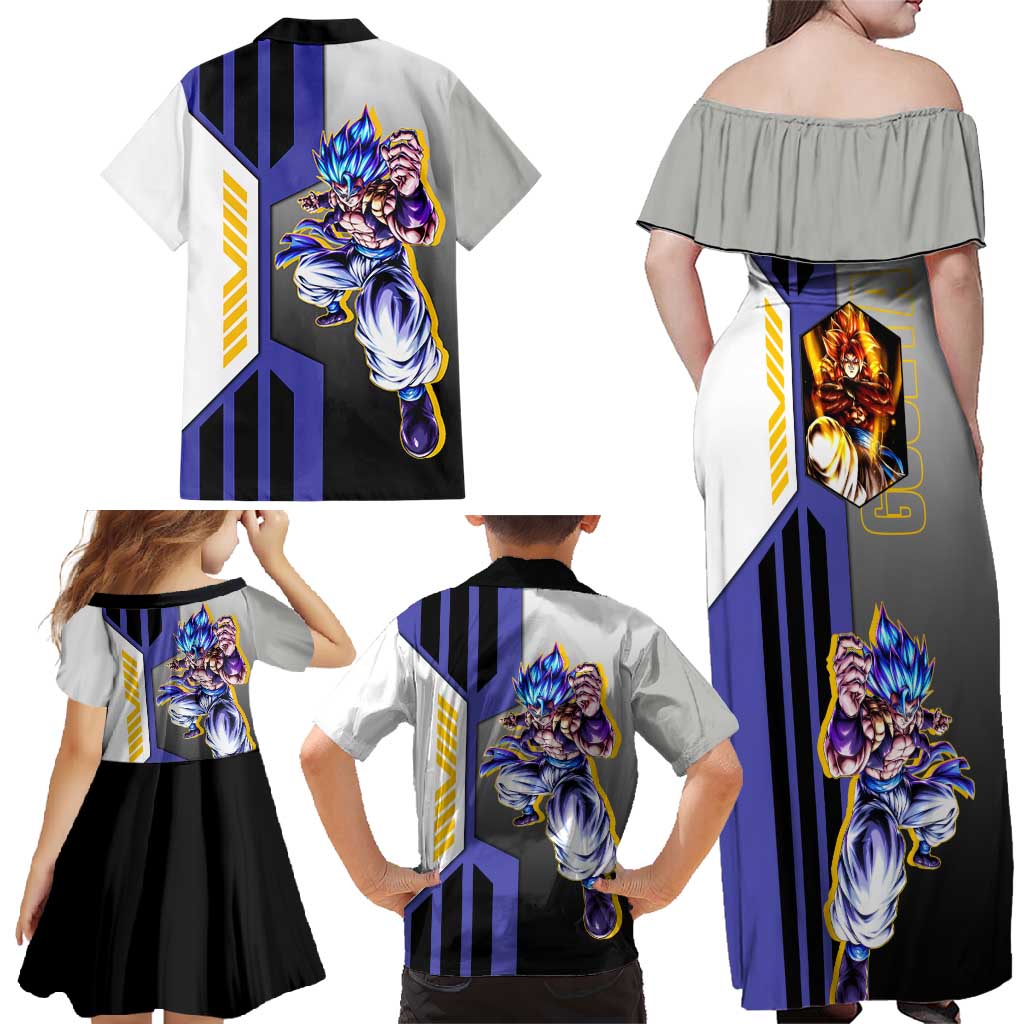Gogeta from Dragon Ball Family Matching Off Shoulder Maxi Dress and Hawaiian Shirt with Super Saiyan Blue Form and Action Pose Design - The Mazicc