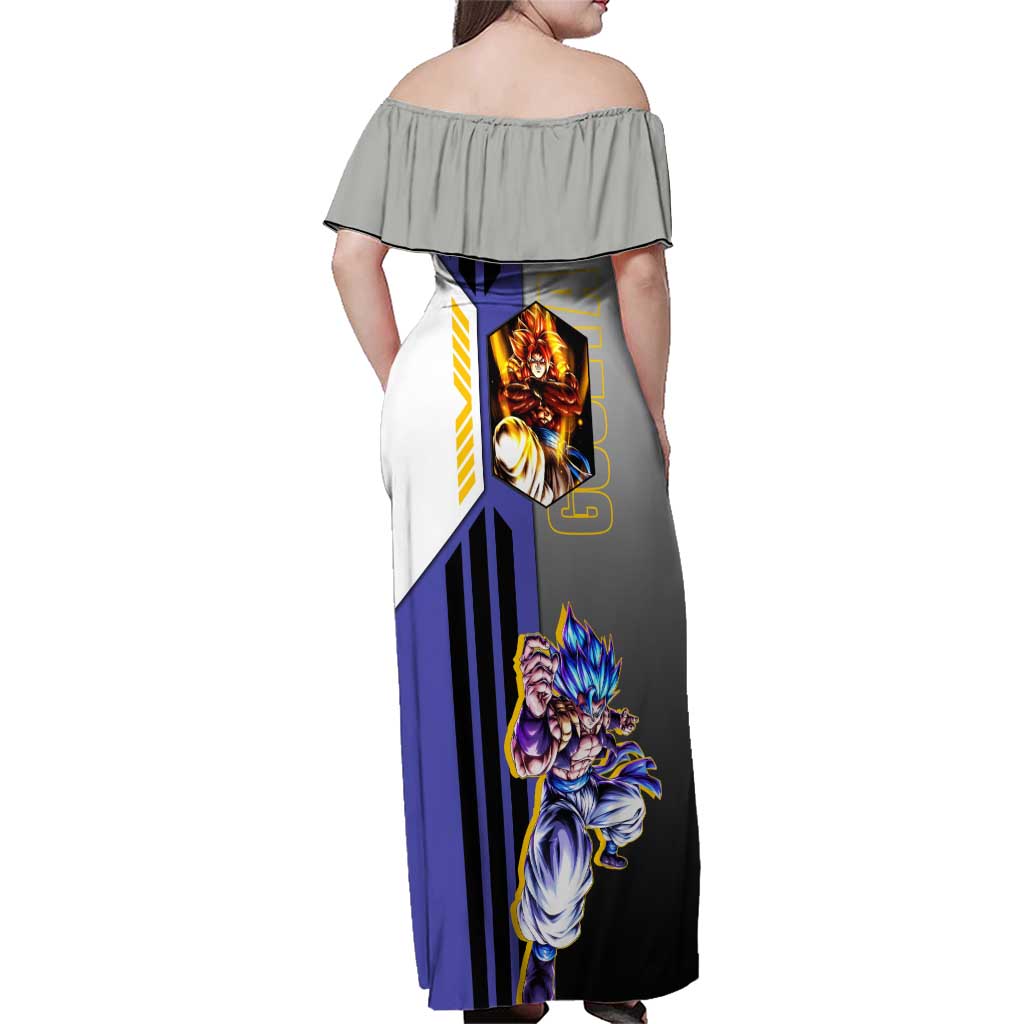 Gogeta from Dragon Ball Family Matching Off Shoulder Maxi Dress and Hawaiian Shirt with Super Saiyan Blue Form and Action Pose Design - The Mazicc