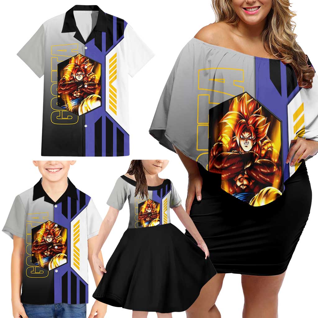 Gogeta from Dragon Ball Family Matching Off Shoulder Short Dress and Hawaiian Shirt with Super Saiyan Blue Form and Action Pose Design - The Mazicc