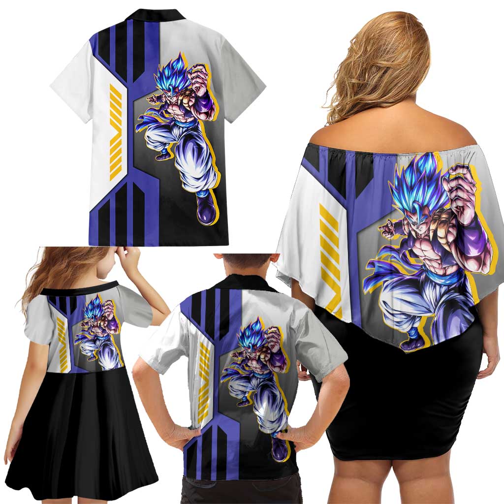 Gogeta from Dragon Ball Family Matching Off Shoulder Short Dress and Hawaiian Shirt with Super Saiyan Blue Form and Action Pose Design - The Mazicc