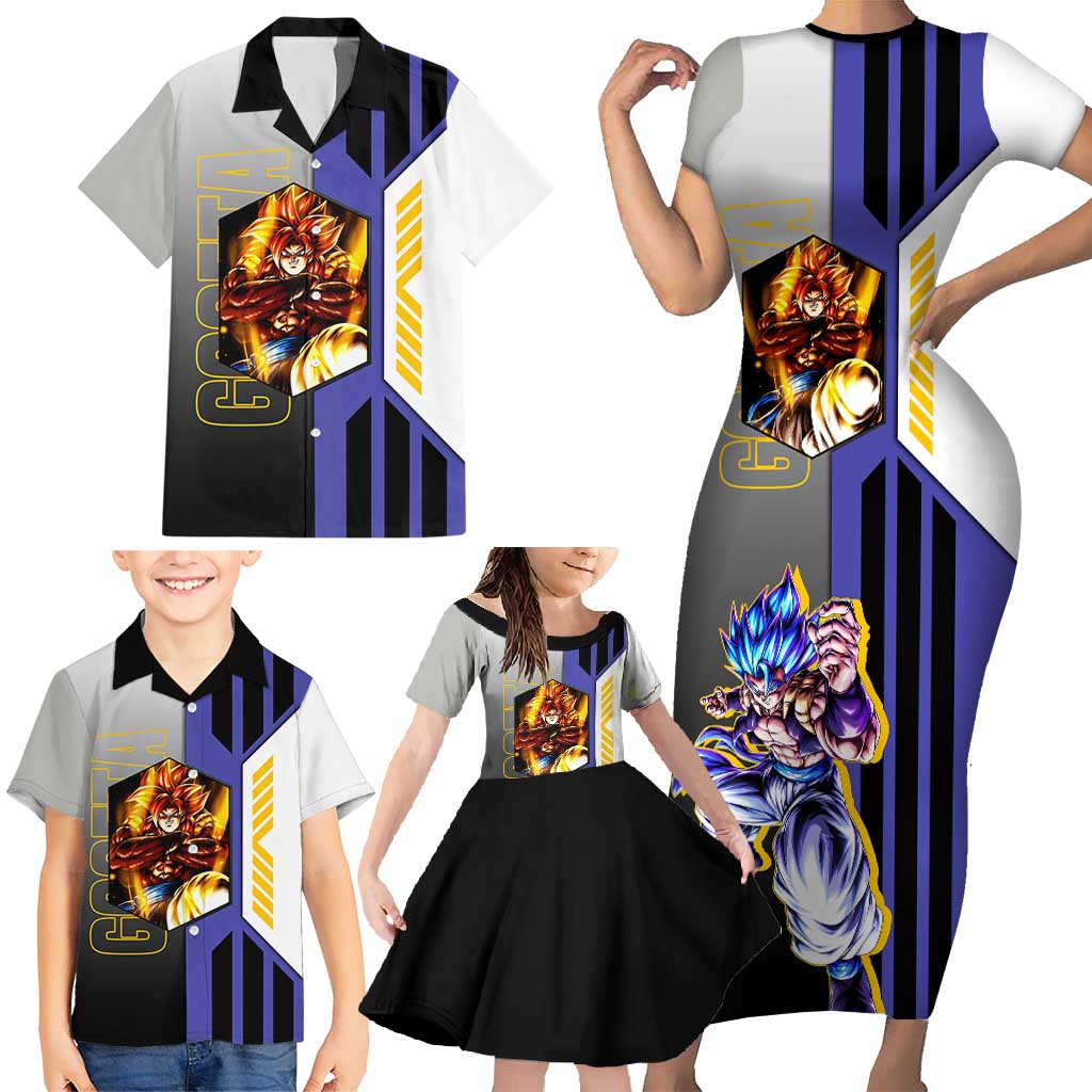 Gogeta from Dragon Ball Family Matching Short Sleeve Bodycon Dress and Hawaiian Shirt with Super Saiyan Blue Form and Action Pose Design - The Mazicc
