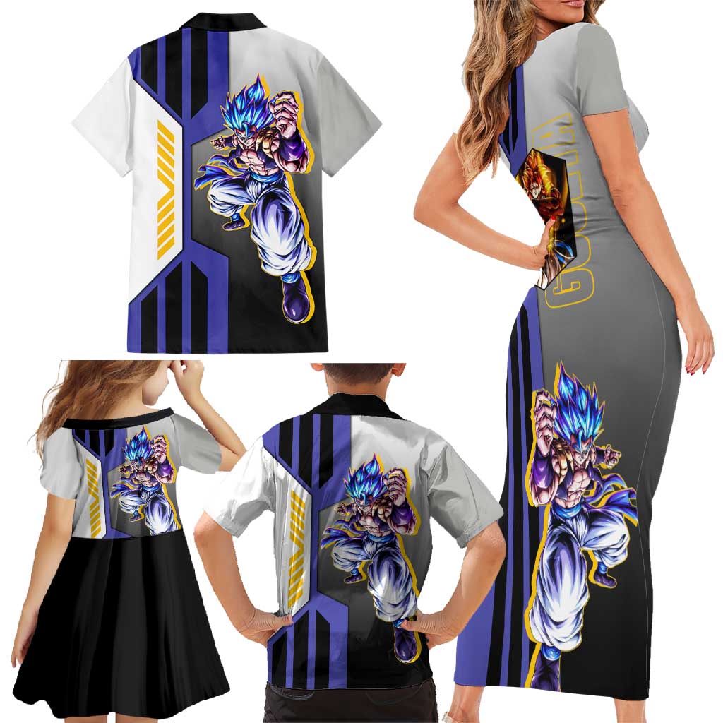 Gogeta from Dragon Ball Family Matching Short Sleeve Bodycon Dress and Hawaiian Shirt with Super Saiyan Blue Form and Action Pose Design - The Mazicc