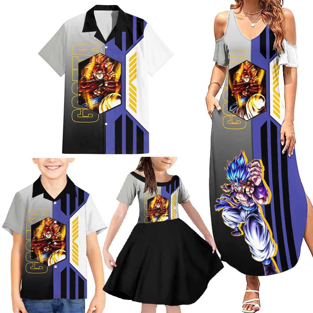 Gogeta from Dragon Ball Family Matching Summer Maxi Dress and Hawaiian Shirt with Super Saiyan Blue Form and Action Pose Design - The Mazicc