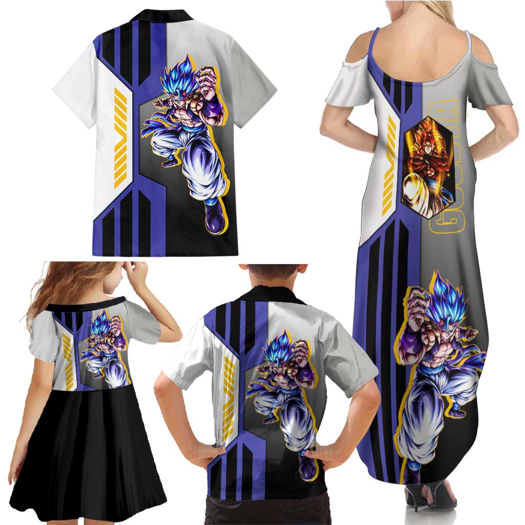 Gogeta from Dragon Ball Family Matching Summer Maxi Dress and Hawaiian Shirt with Super Saiyan Blue Form and Action Pose Design - The Mazicc