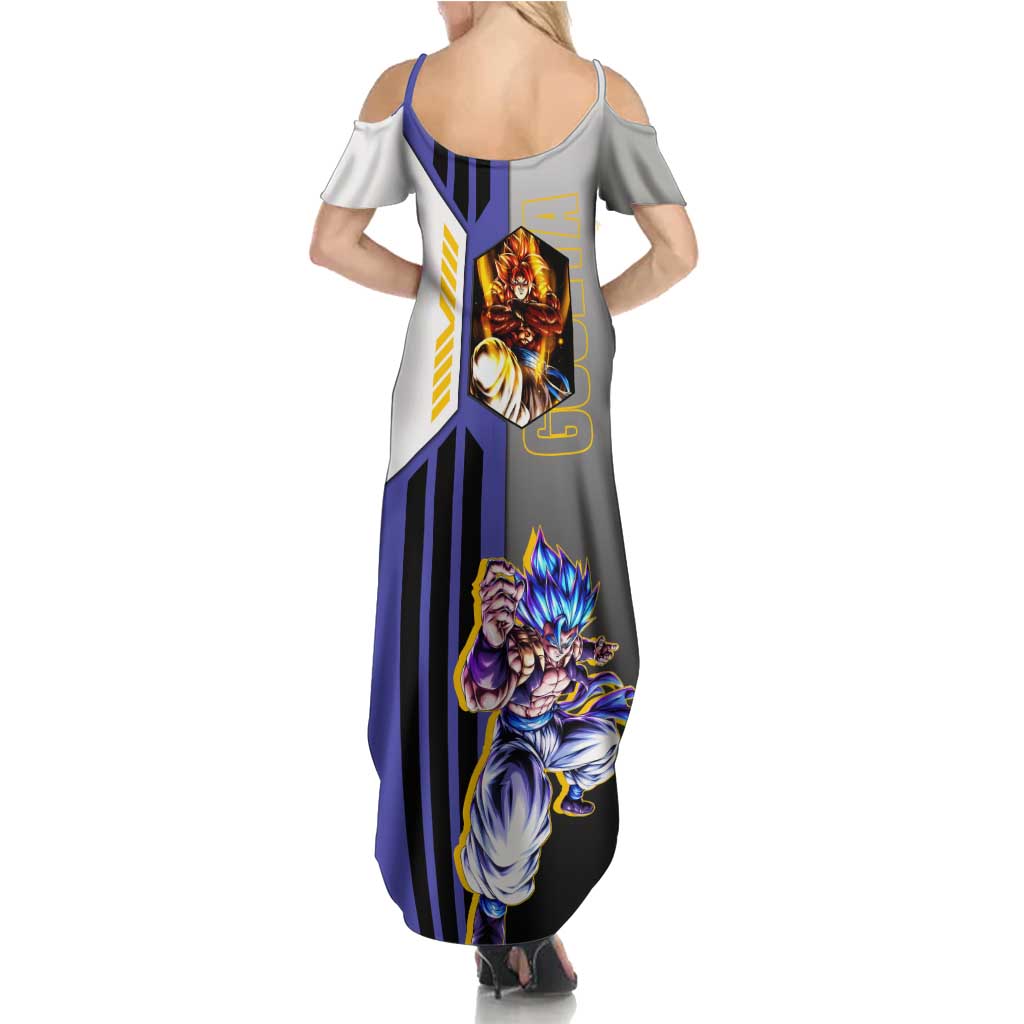 Gogeta from Dragon Ball Family Matching Summer Maxi Dress and Hawaiian Shirt with Super Saiyan Blue Form and Action Pose Design - The Mazicc