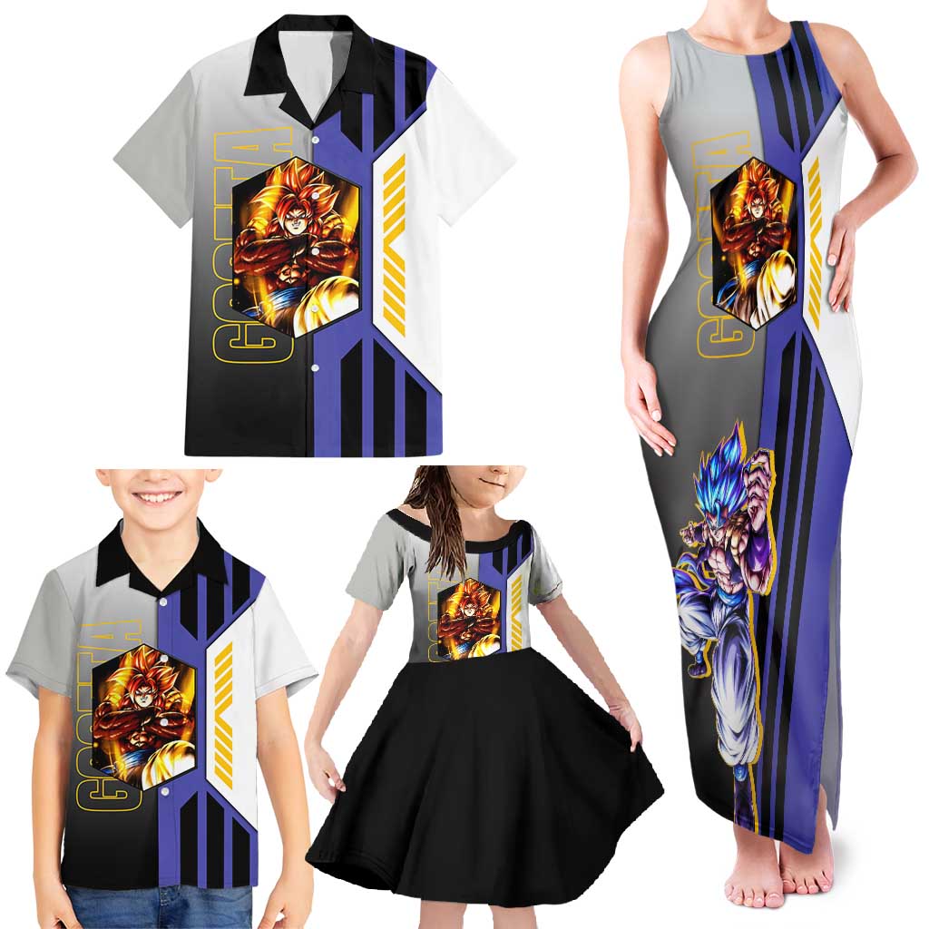 Gogeta from Dragon Ball Family Matching Tank Maxi Dress and Hawaiian Shirt with Super Saiyan Blue Form and Action Pose Design - The Mazicc