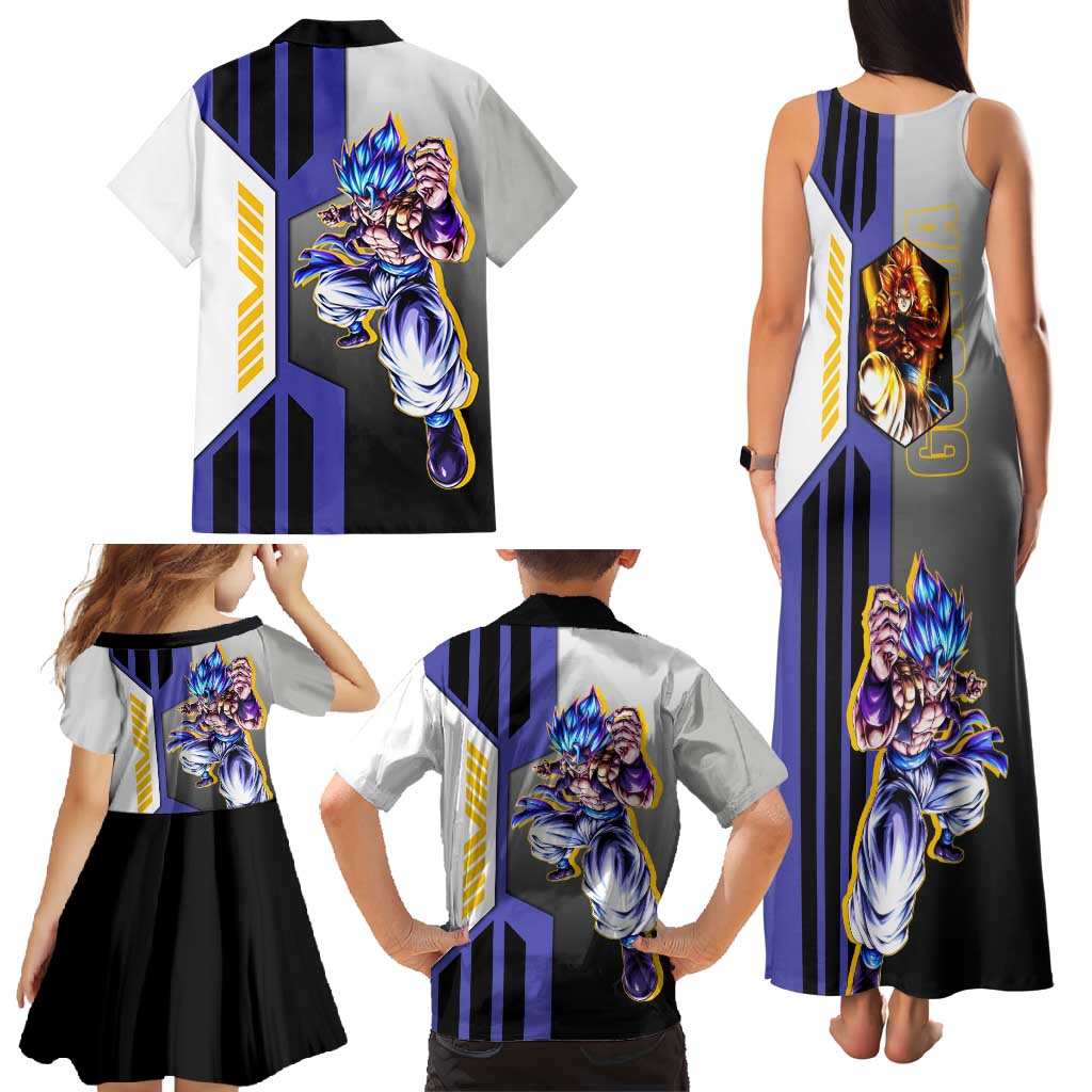 Gogeta from Dragon Ball Family Matching Tank Maxi Dress and Hawaiian Shirt with Super Saiyan Blue Form and Action Pose Design - The Mazicc