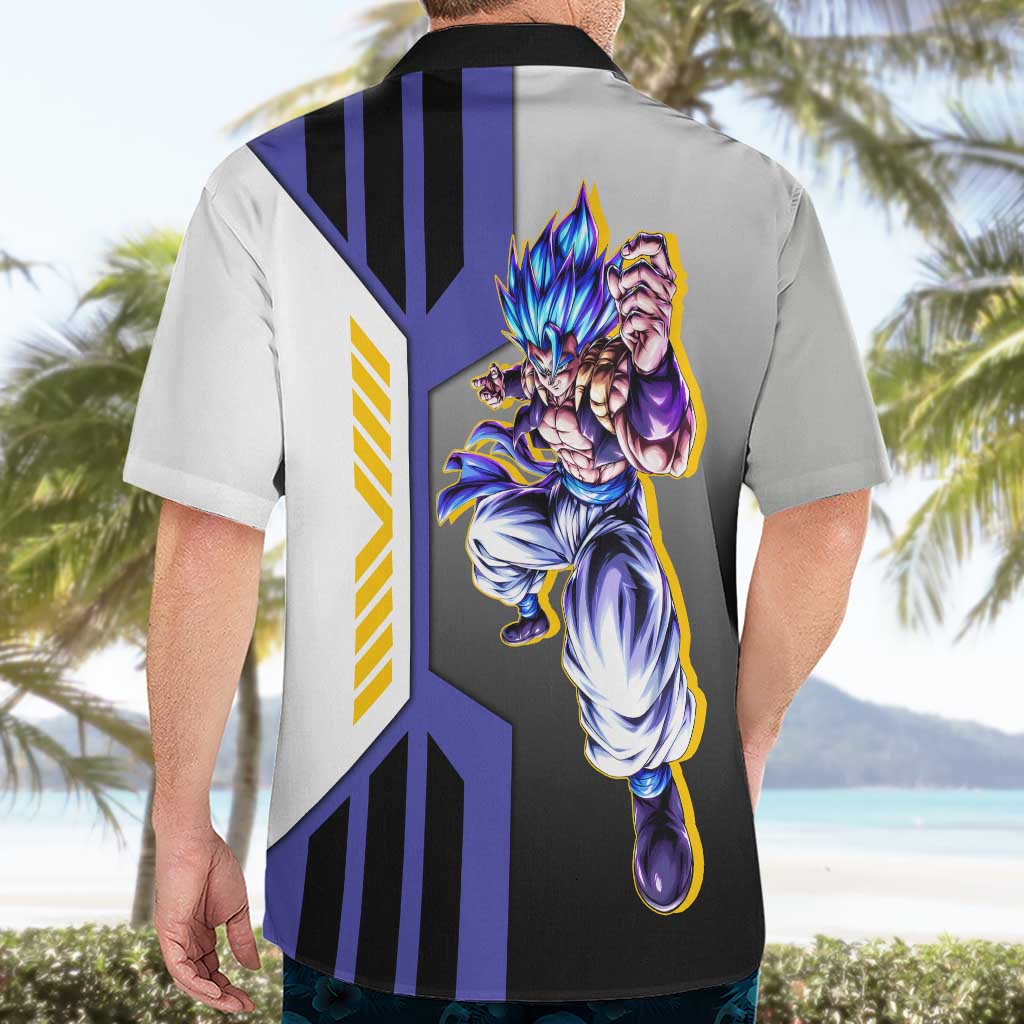 Gogeta from Dragon Ball Hawaiian Shirt with Super Saiyan Blue Form and Action Pose Design - The Mazicc