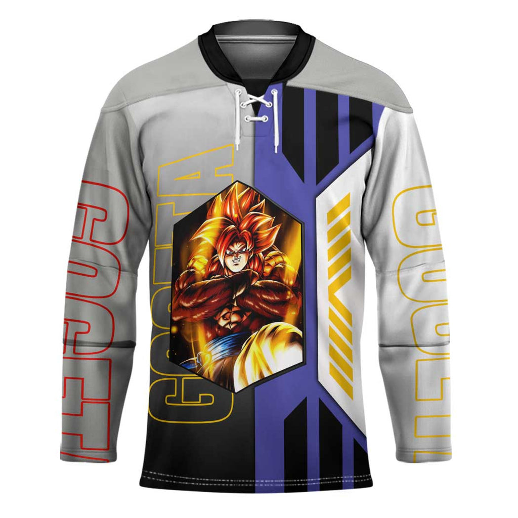Gogeta from Dragon Ball Hockey Jersey with Super Saiyan Blue Form and Action Pose Design - The Mazicc