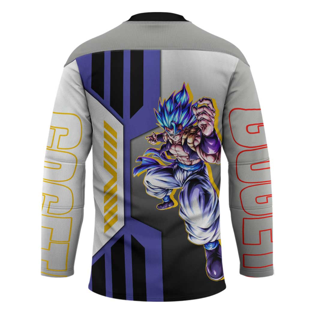 Gogeta from Dragon Ball Hockey Jersey with Super Saiyan Blue Form and Action Pose Design - The Mazicc