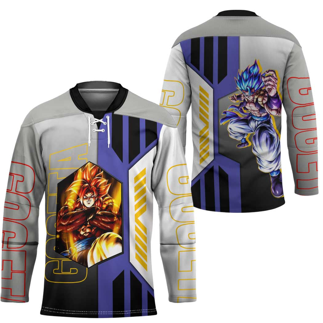 Gogeta from Dragon Ball Hockey Jersey with Super Saiyan Blue Form and Action Pose Design - The Mazicc