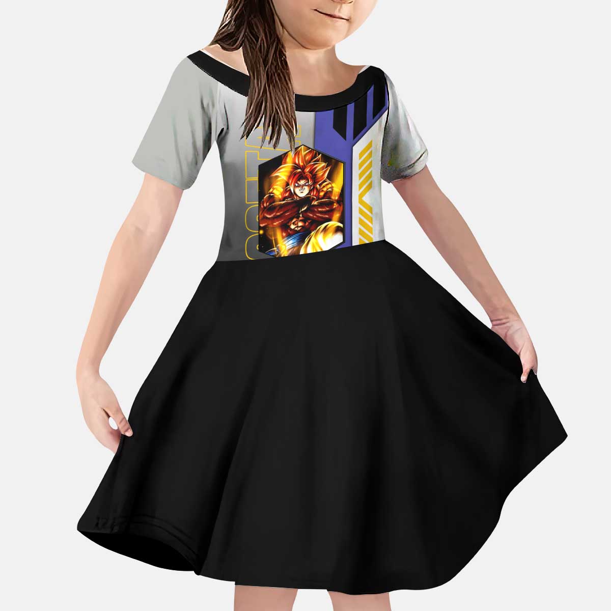Gogeta from Dragon Ball Kid Short Sleeve Dress with Super Saiyan Blue Form and Action Pose Design - The Mazicc