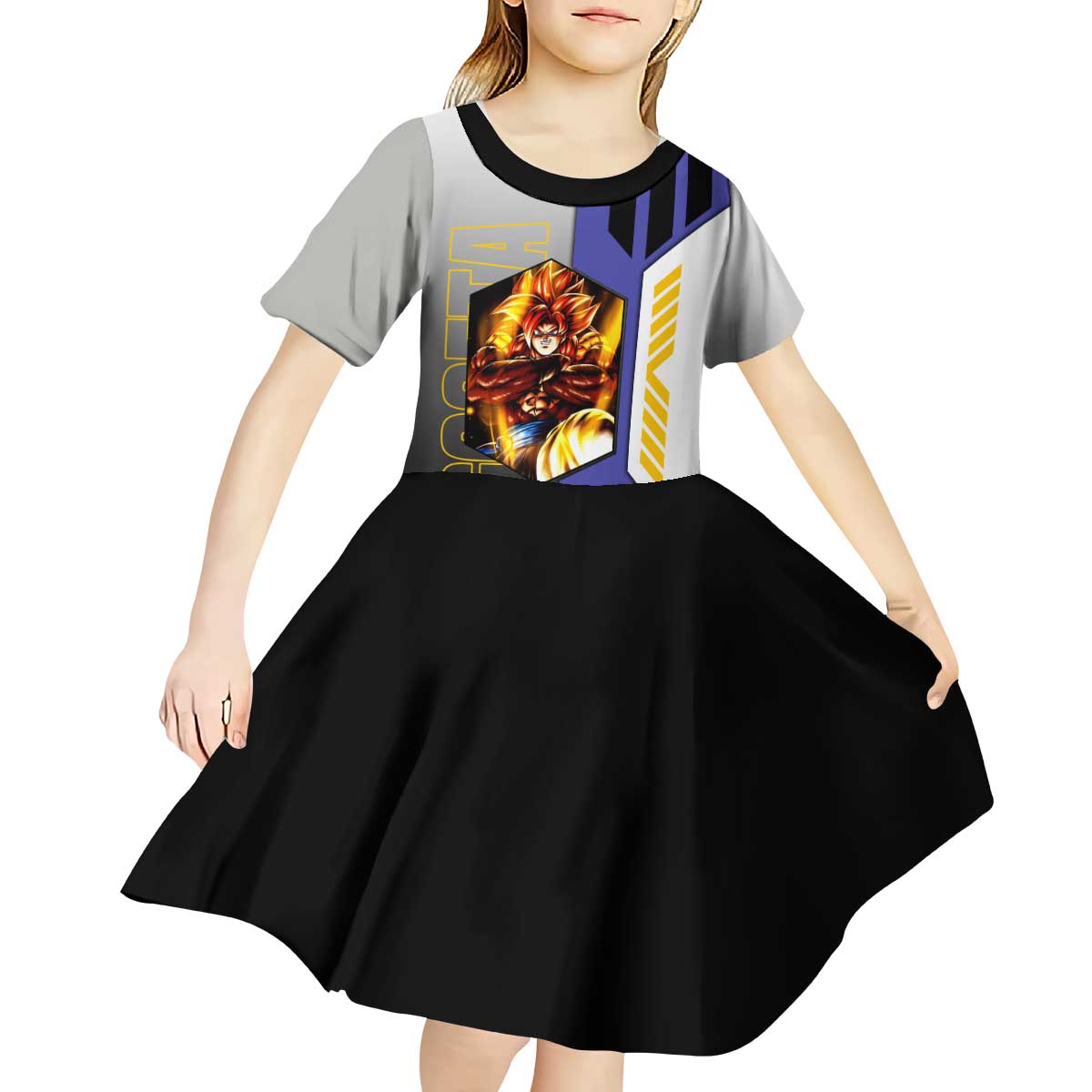 Gogeta from Dragon Ball Kid Short Sleeve Dress with Super Saiyan Blue Form and Action Pose Design - The Mazicc