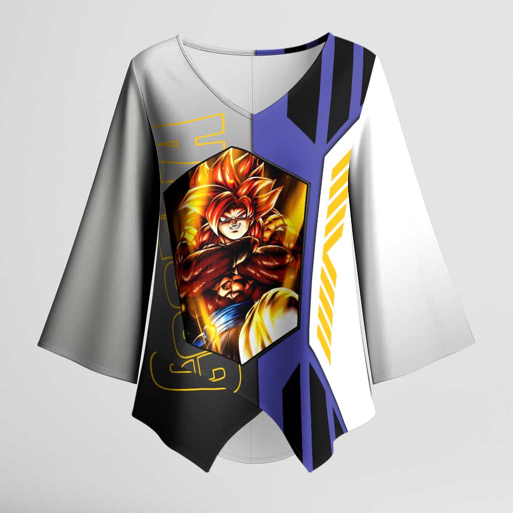 Gogeta from Dragon Ball Kimono Sleeve Blouse with Super Saiyan Blue Form and Action Pose Design - The Mazicc