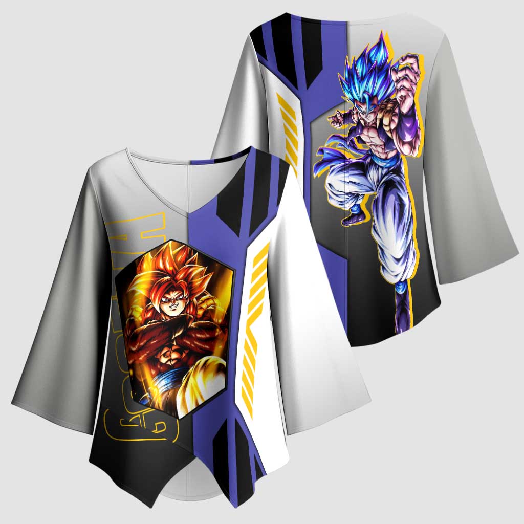 Gogeta from Dragon Ball Kimono Sleeve Blouse with Super Saiyan Blue Form and Action Pose Design - The Mazicc