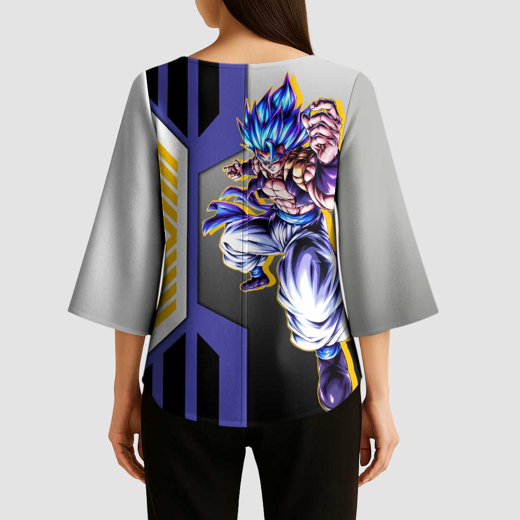 Gogeta from Dragon Ball Kimono Sleeve Blouse with Super Saiyan Blue Form and Action Pose Design - The Mazicc