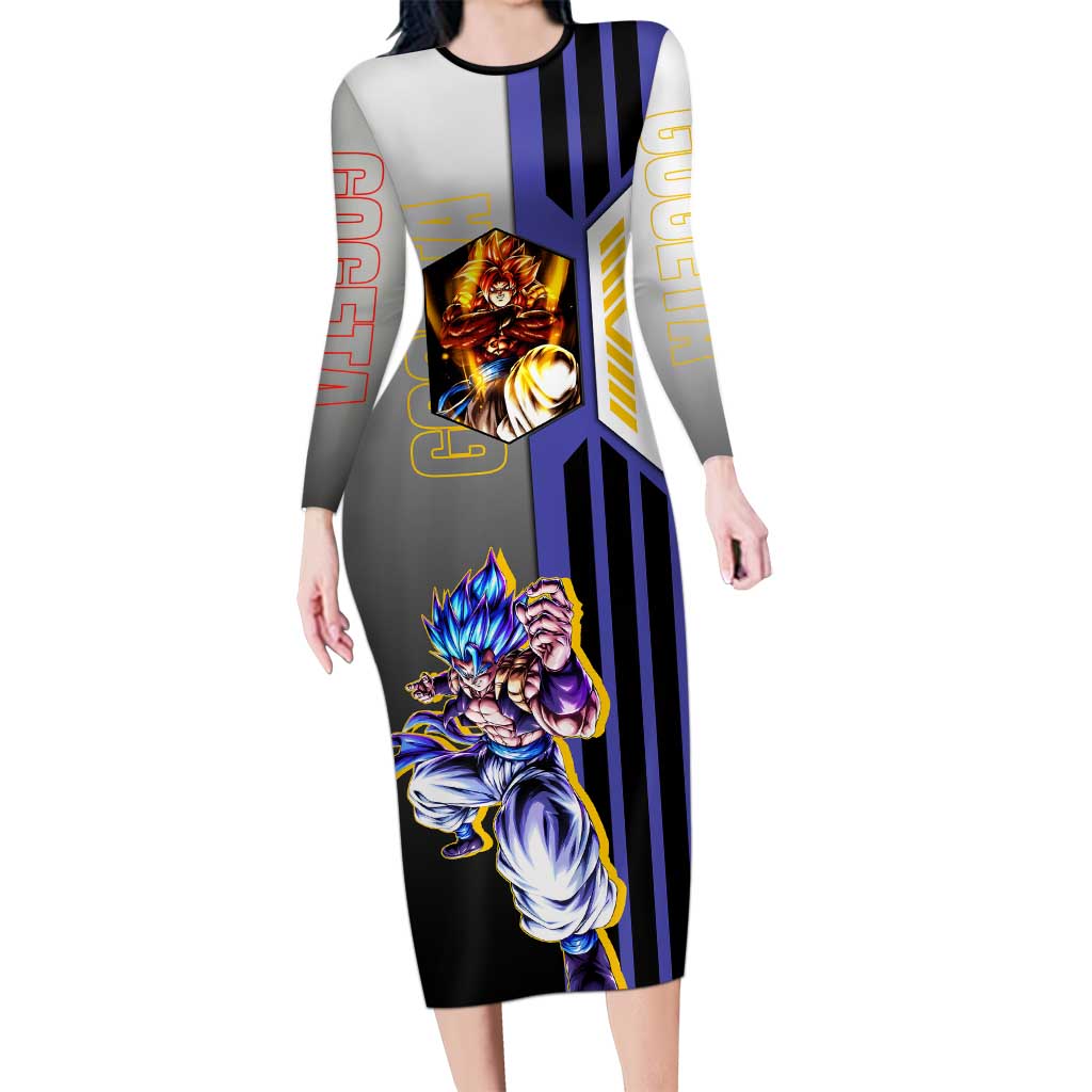 Gogeta from Dragon Ball Long Sleeve Bodycon Dress with Super Saiyan Blue Form and Action Pose Design - The Mazicc