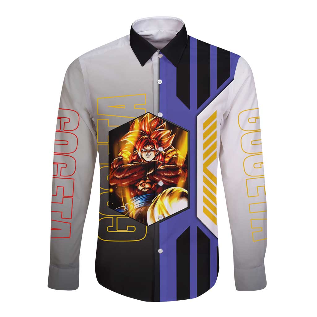 Gogeta from Dragon Ball Long Sleeve Button Shirt with Super Saiyan Blue Form and Action Pose Design - The Mazicc
