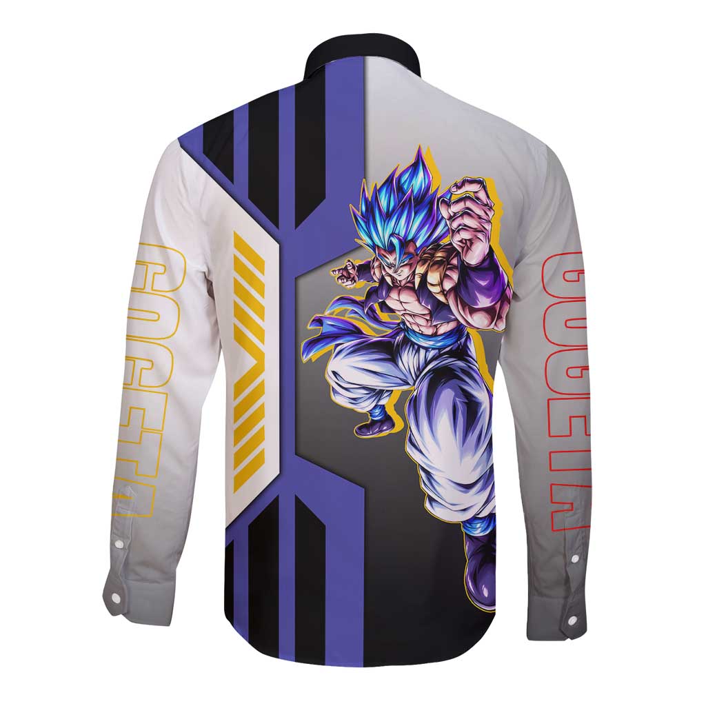 Gogeta from Dragon Ball Long Sleeve Button Shirt with Super Saiyan Blue Form and Action Pose Design - The Mazicc