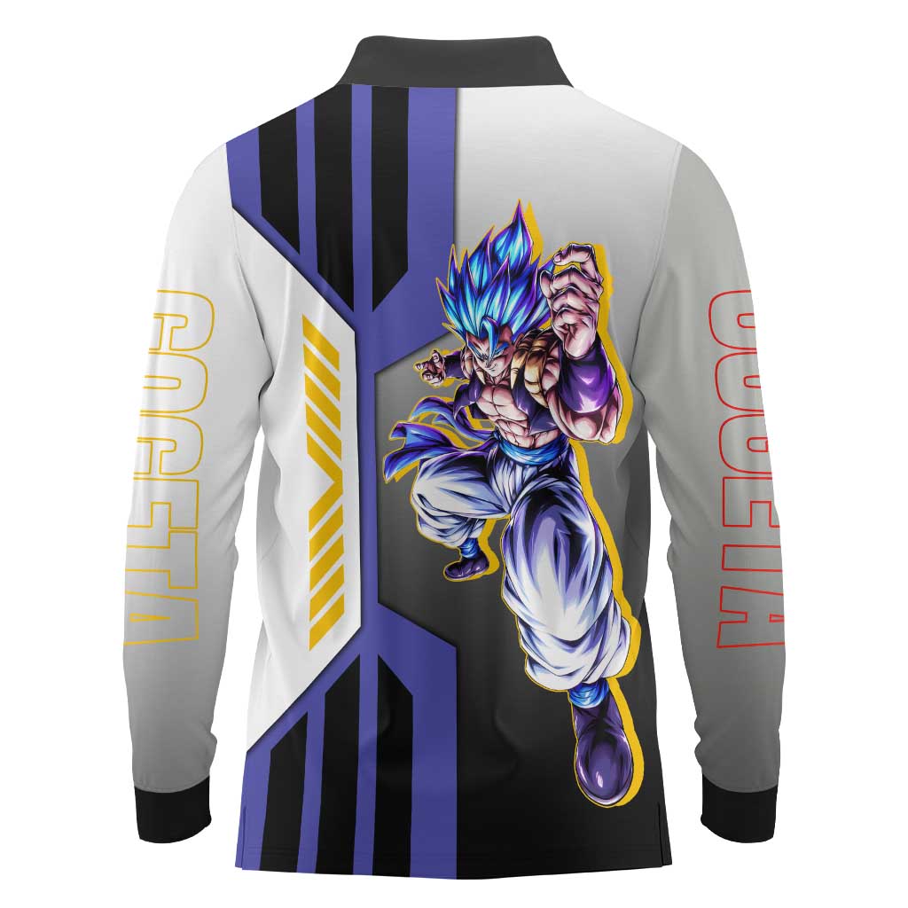 Gogeta from Dragon Ball Long Sleeve Polo Shirt with Super Saiyan Blue Form and Action Pose Design - The Mazicc