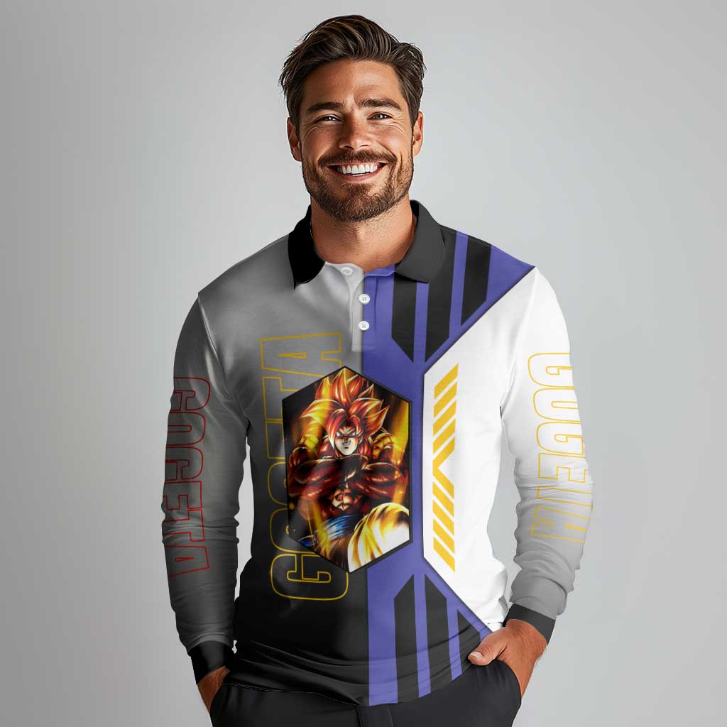 Gogeta from Dragon Ball Long Sleeve Polo Shirt with Super Saiyan Blue Form and Action Pose Design - The Mazicc