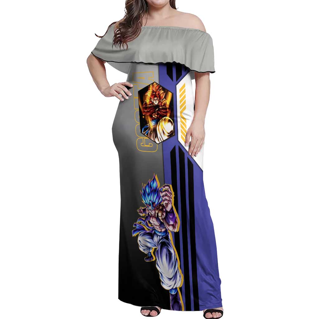 Gogeta from Dragon Ball Off Shoulder Maxi Dress with Super Saiyan Blue Form and Action Pose Design - The Mazicc