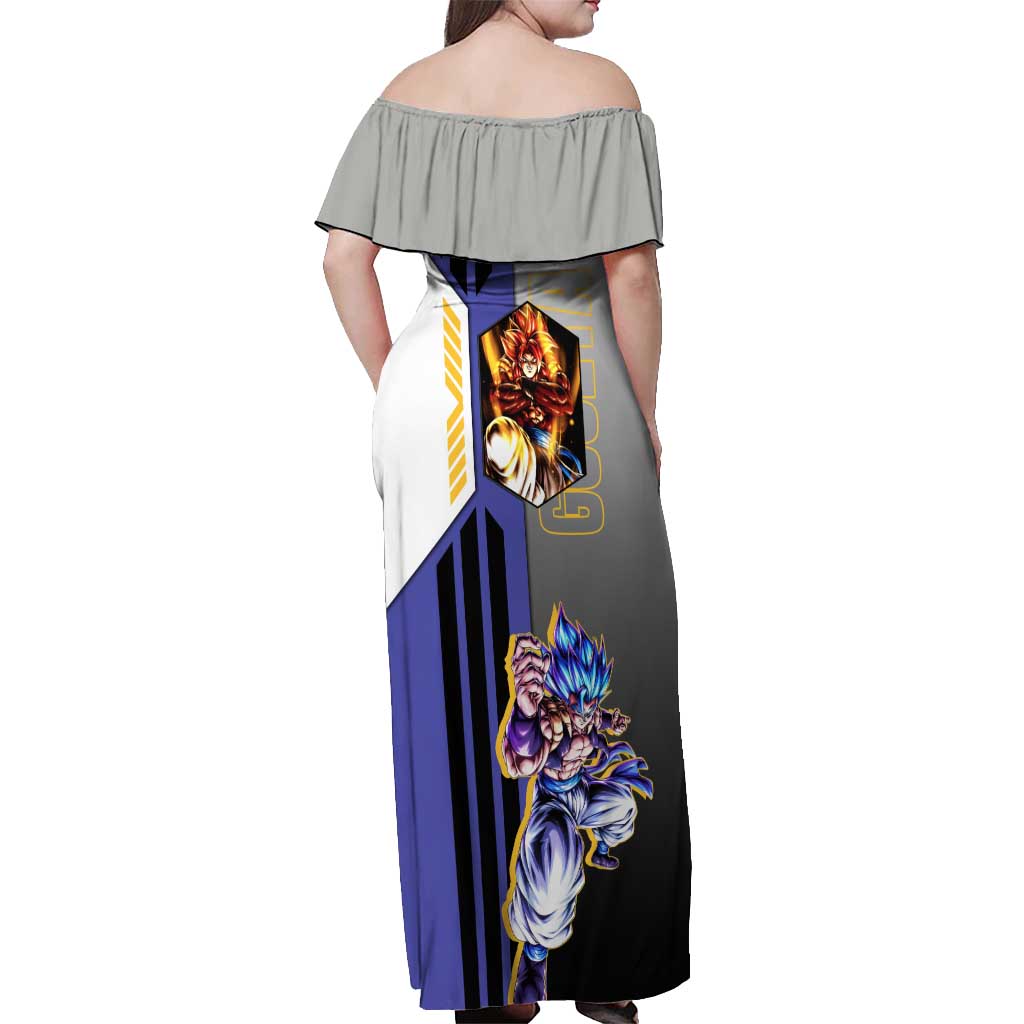 Gogeta from Dragon Ball Off Shoulder Maxi Dress with Super Saiyan Blue Form and Action Pose Design - The Mazicc