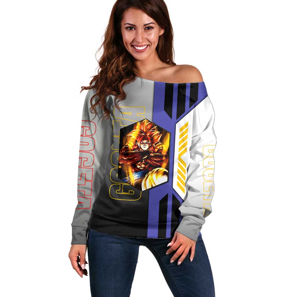 Gogeta from Dragon Ball Off Shoulder Sweater with Super Saiyan Blue Form and Action Pose Design - The Mazicc