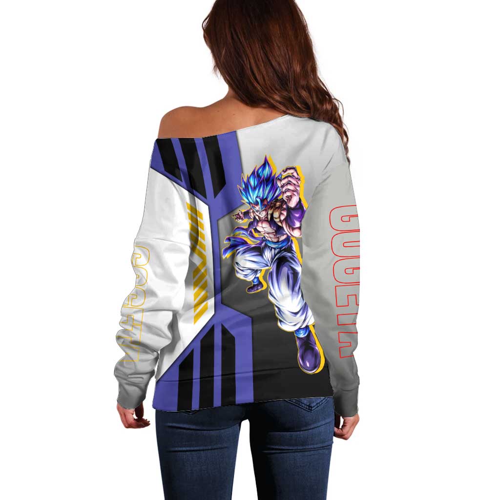 Gogeta from Dragon Ball Off Shoulder Sweater with Super Saiyan Blue Form and Action Pose Design - The Mazicc