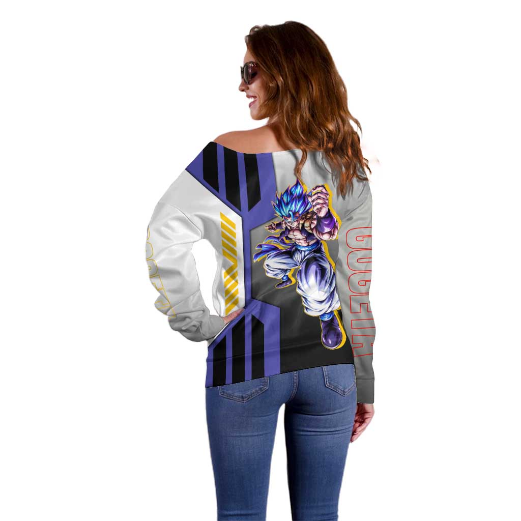 Gogeta from Dragon Ball Off Shoulder Sweater with Super Saiyan Blue Form and Action Pose Design - The Mazicc