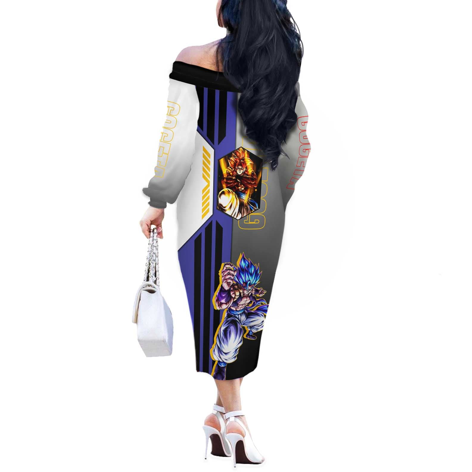 Gogeta from Dragon Ball Off The Shoulder Long Sleeve Dress with Super Saiyan Blue Form and Action Pose Design - The Mazicc