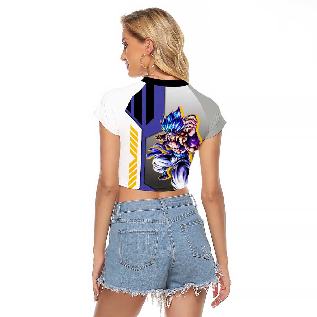 Gogeta from Dragon Ball Raglan Cropped T Shirt with Super Saiyan Blue Form and Action Pose Design - The Mazicc