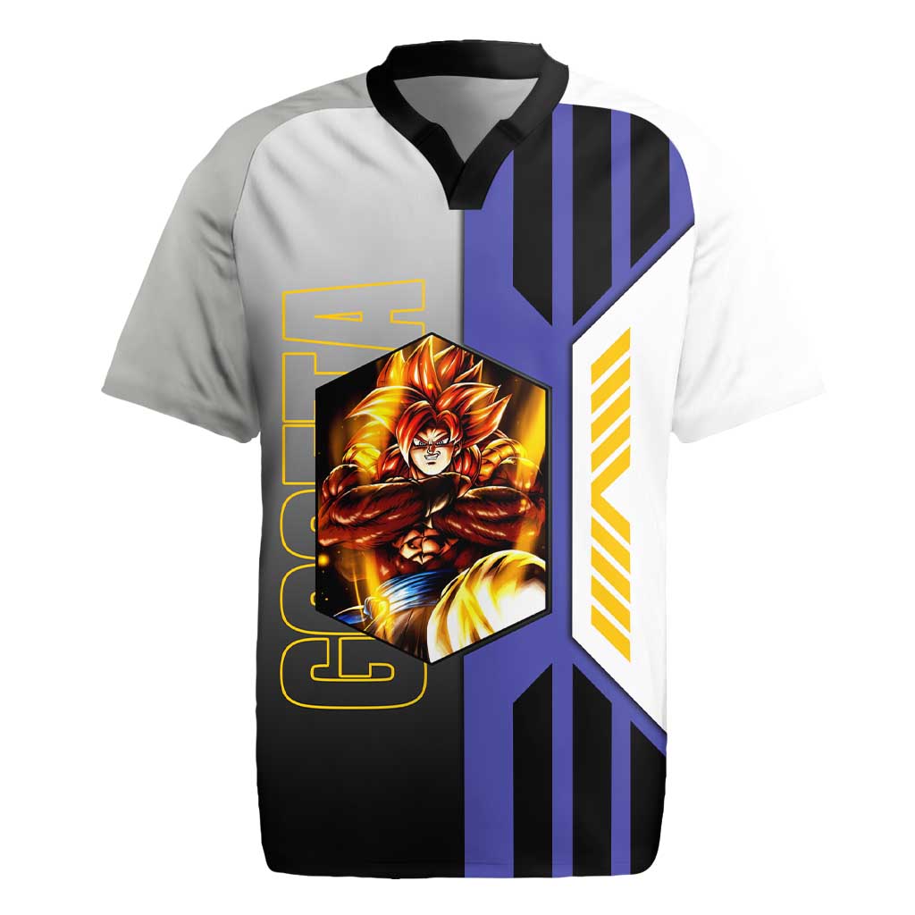 Gogeta from Dragon Ball Rugby Jersey with Super Saiyan Blue Form and Action Pose Design - The Mazicc