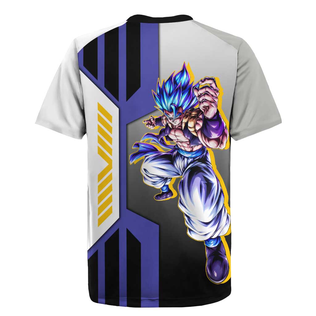 Gogeta from Dragon Ball Rugby Jersey with Super Saiyan Blue Form and Action Pose Design - The Mazicc