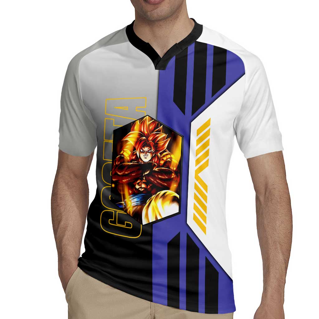 Gogeta from Dragon Ball Rugby Jersey with Super Saiyan Blue Form and Action Pose Design - The Mazicc
