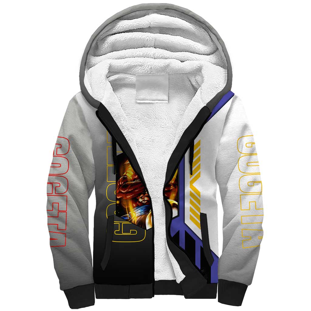Gogeta from Dragon Ball Sherpa Hoodie with Super Saiyan Blue Form and Action Pose Design - The Mazicc