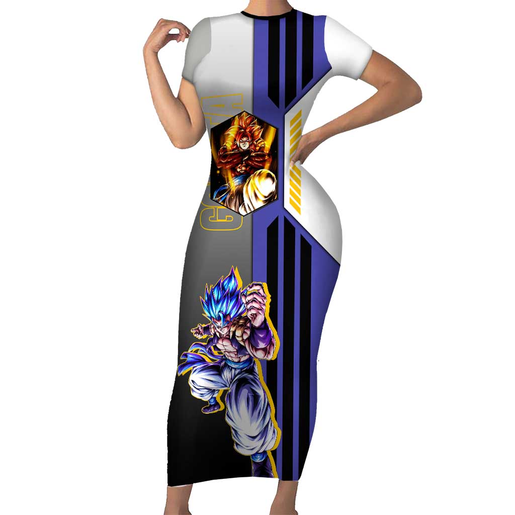 Gogeta from Dragon Ball Short Sleeve Bodycon Dress with Super Saiyan Blue Form and Action Pose Design - The Mazicc