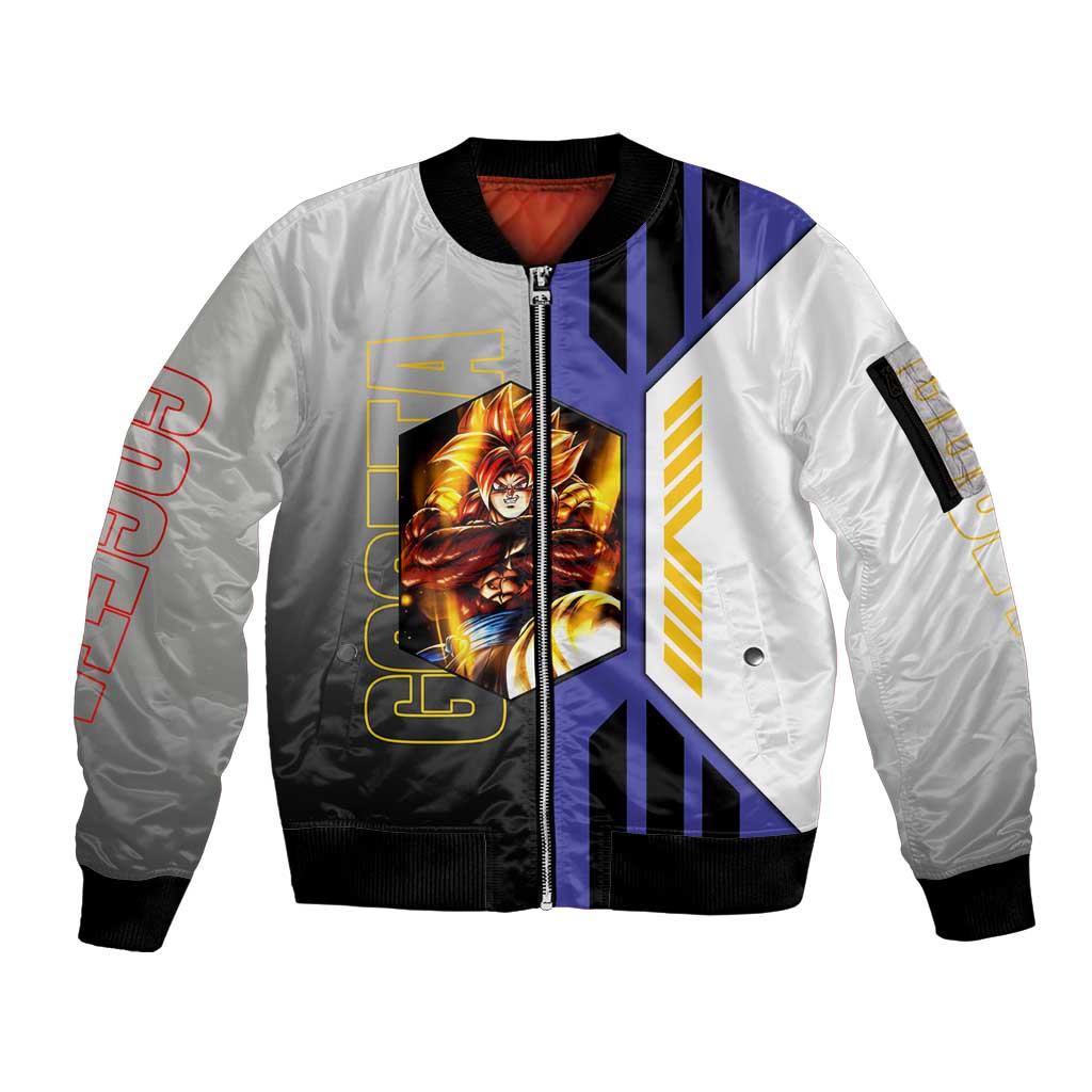 Gogeta from Dragon Ball Sleeve Zip Bomber Jacket with Super Saiyan Blue Form and Action Pose Design - The Mazicc