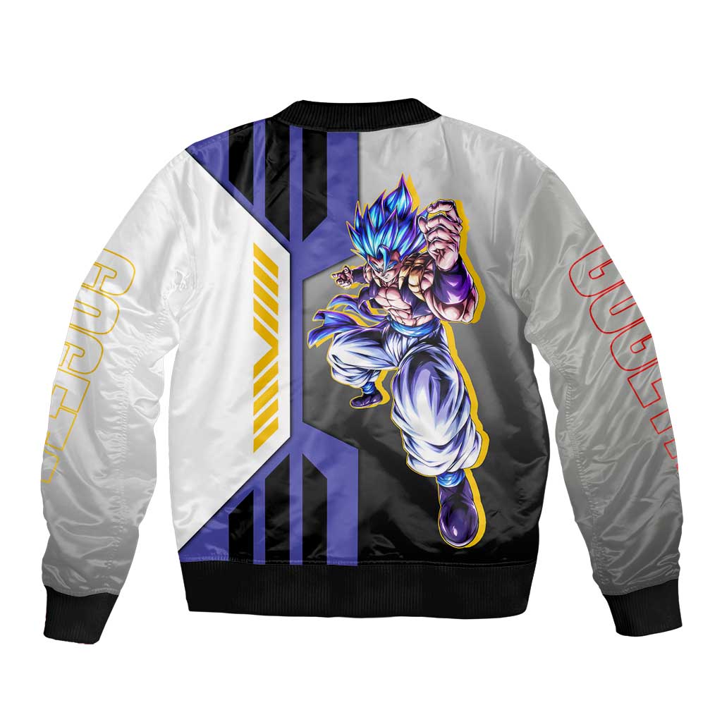 Gogeta from Dragon Ball Sleeve Zip Bomber Jacket with Super Saiyan Blue Form and Action Pose Design - The Mazicc