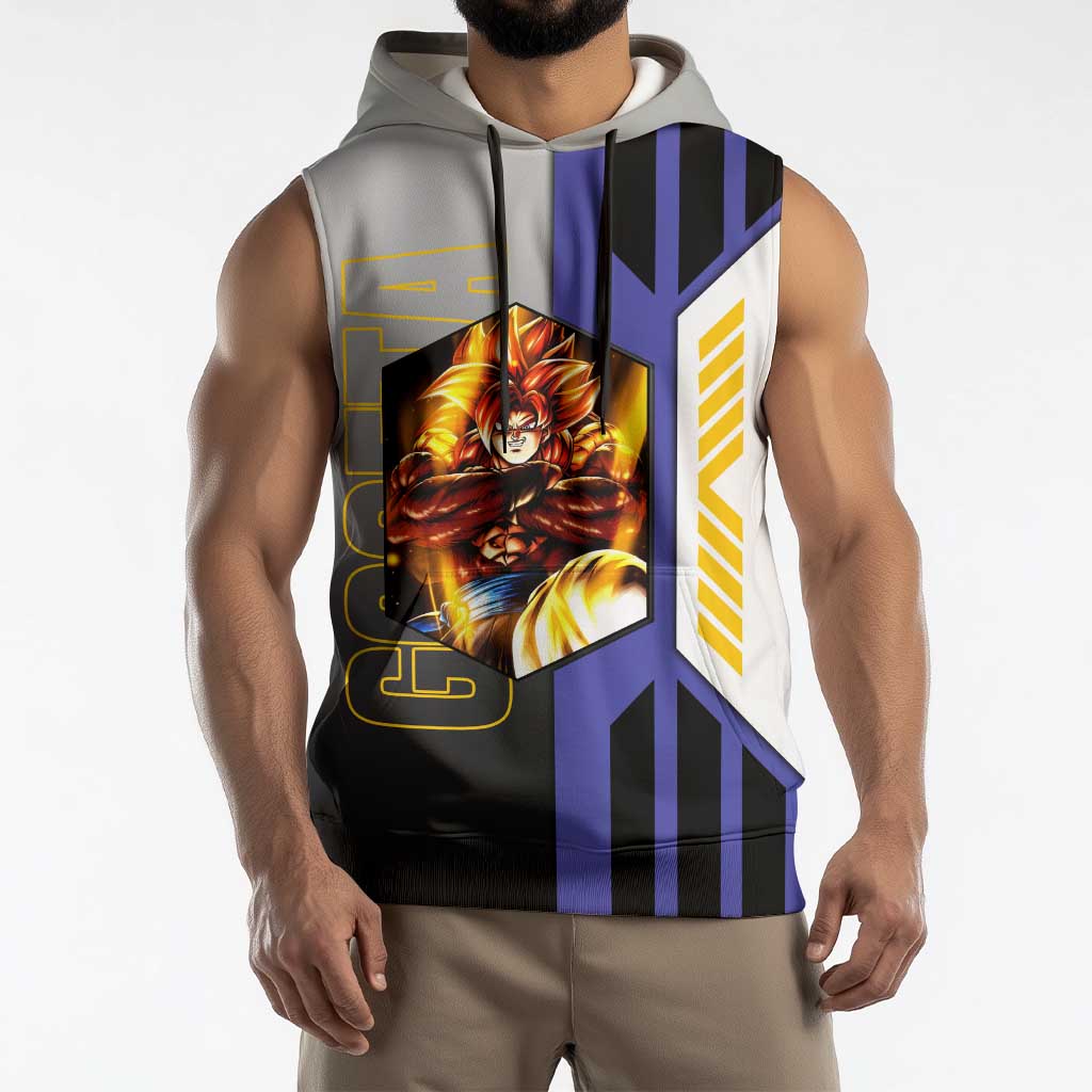 Gogeta from Dragon Ball Sleeveless Hoodie with Super Saiyan Blue Form and Action Pose Design - The Mazicc