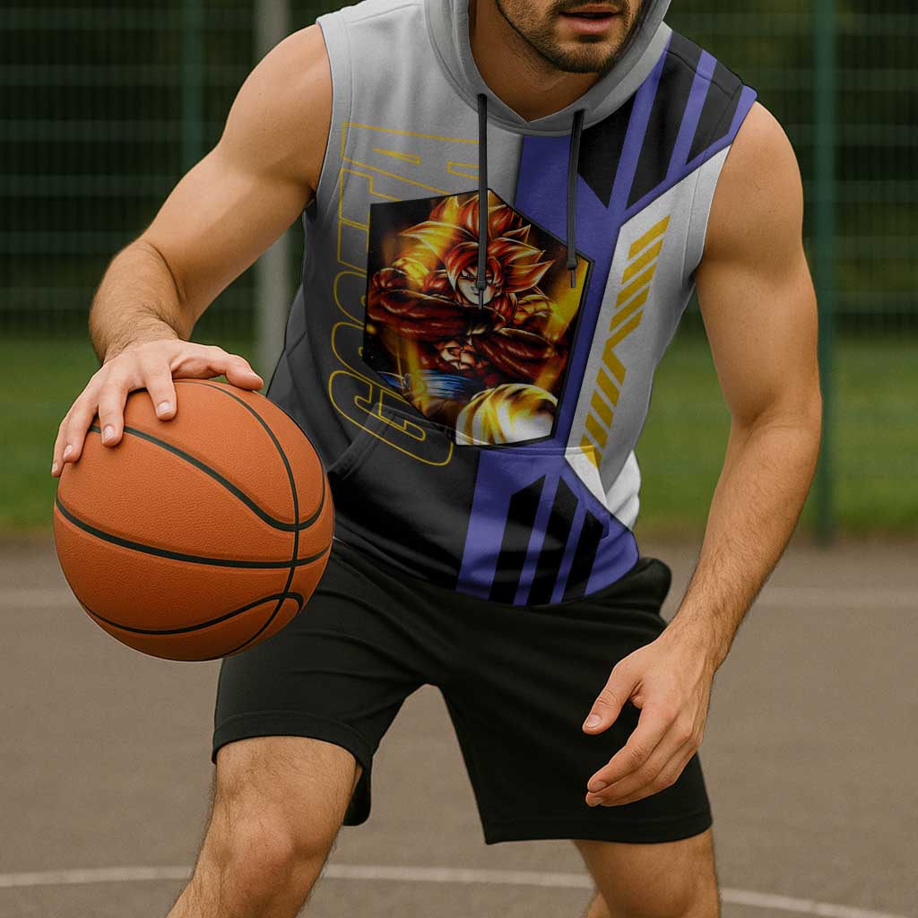 Gogeta from Dragon Ball Sleeveless Hoodie with Super Saiyan Blue Form and Action Pose Design - The Mazicc