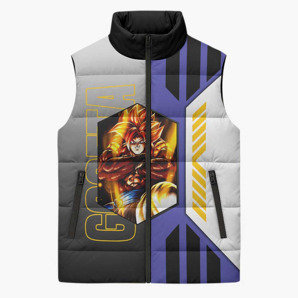 Gogeta from Dragon Ball Sleeveless Puffer Jacket with Super Saiyan Blue Form and Action Pose Design - The Mazicc