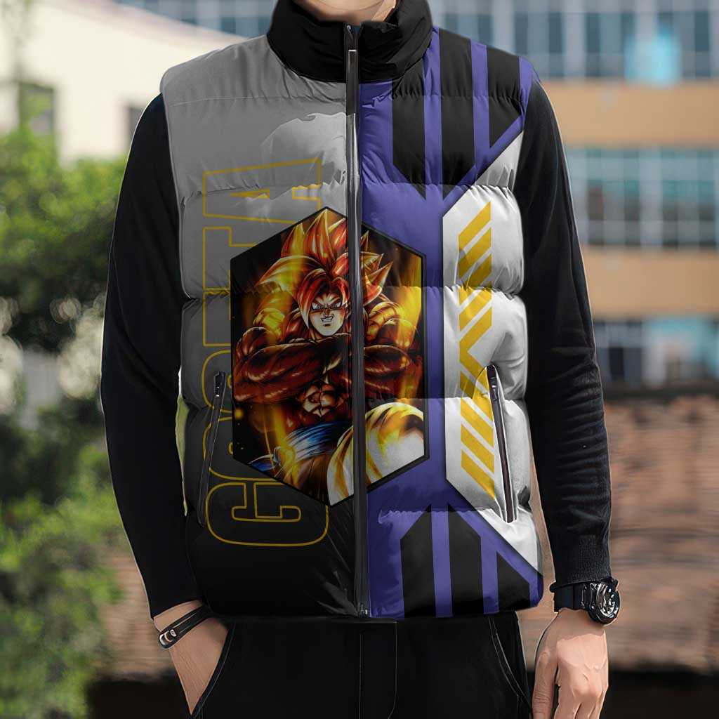 Gogeta from Dragon Ball Sleeveless Puffer Jacket with Super Saiyan Blue Form and Action Pose Design - The Mazicc