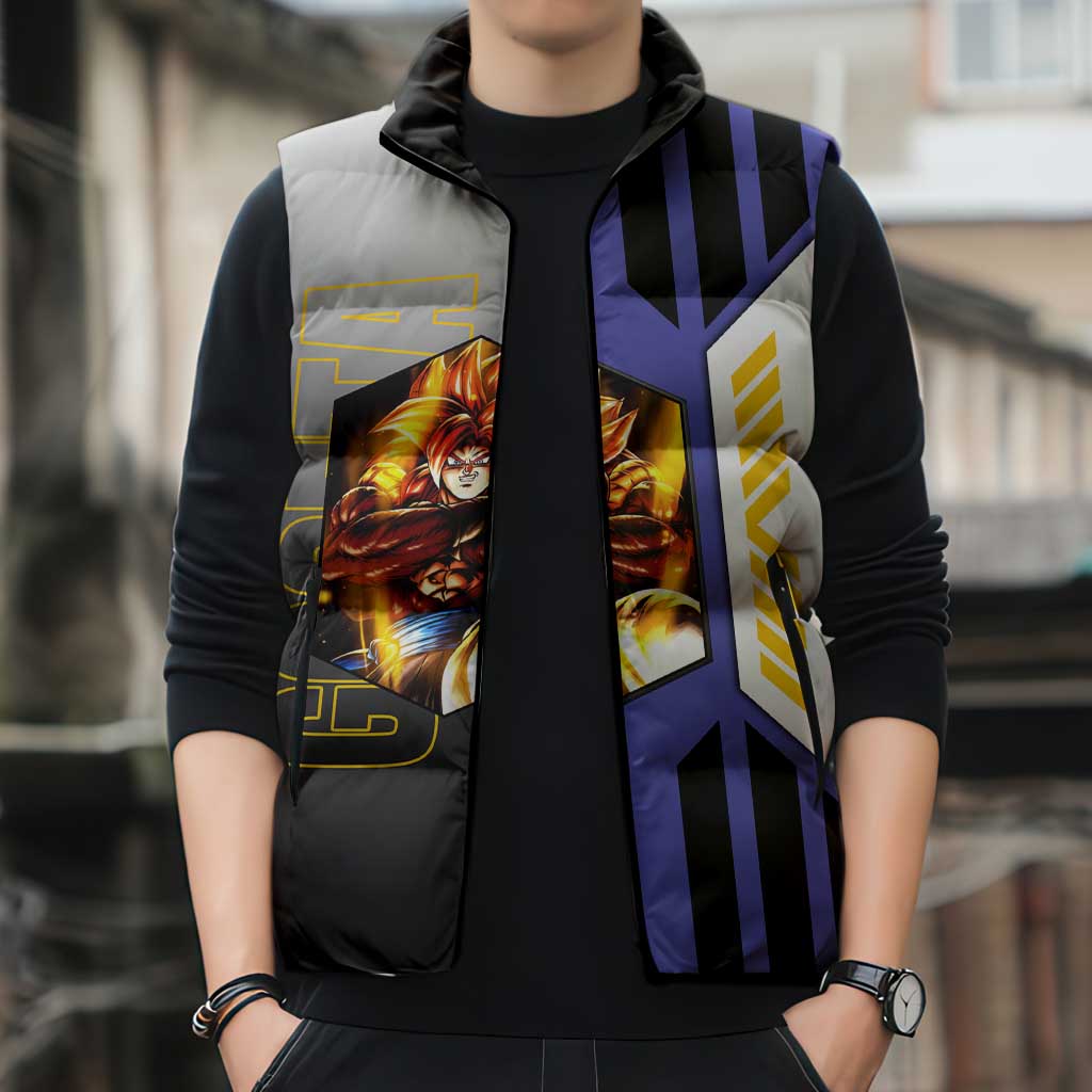 Gogeta from Dragon Ball Sleeveless Puffer Jacket with Super Saiyan Blue Form and Action Pose Design - The Mazicc
