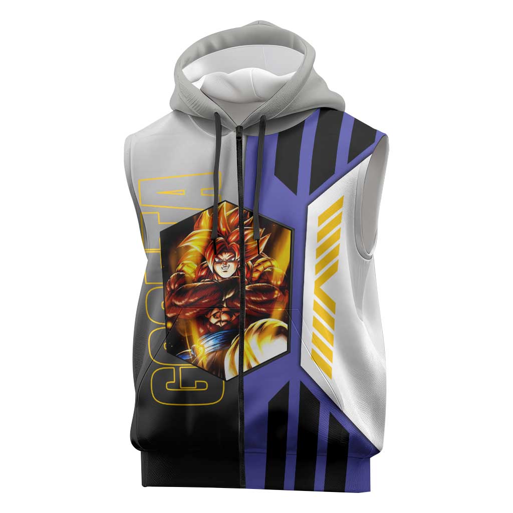 Gogeta from Dragon Ball Sleeveless Zip Hoodie with Super Saiyan Blue Form and Action Pose Design - The Mazicc