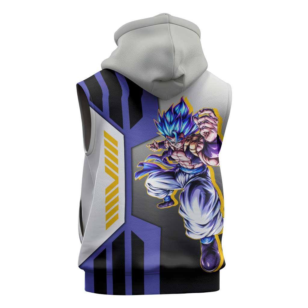 Gogeta from Dragon Ball Sleeveless Zip Hoodie with Super Saiyan Blue Form and Action Pose Design - The Mazicc